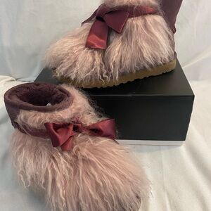 UGG Women's Pink Fur Ankle Boots with Red Bow